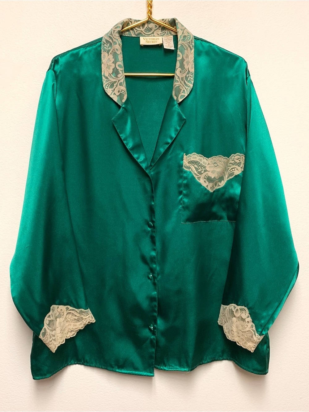 Vintage Victorias Secret Shiny Satin Pajama Top Size M Emerald Green Lace Shirt